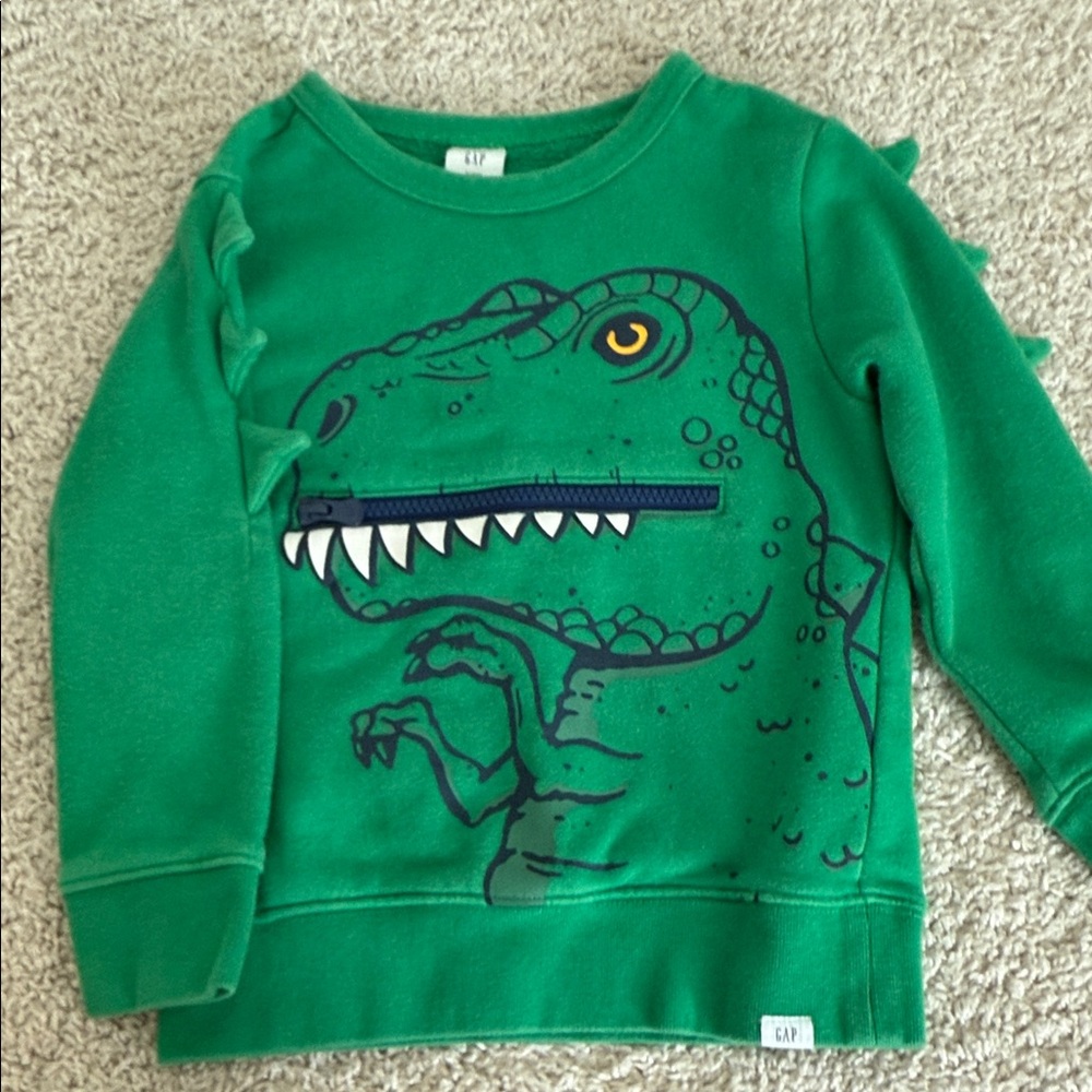 GAP Green Dino Sweatshirt with Zipper Mouth Detail